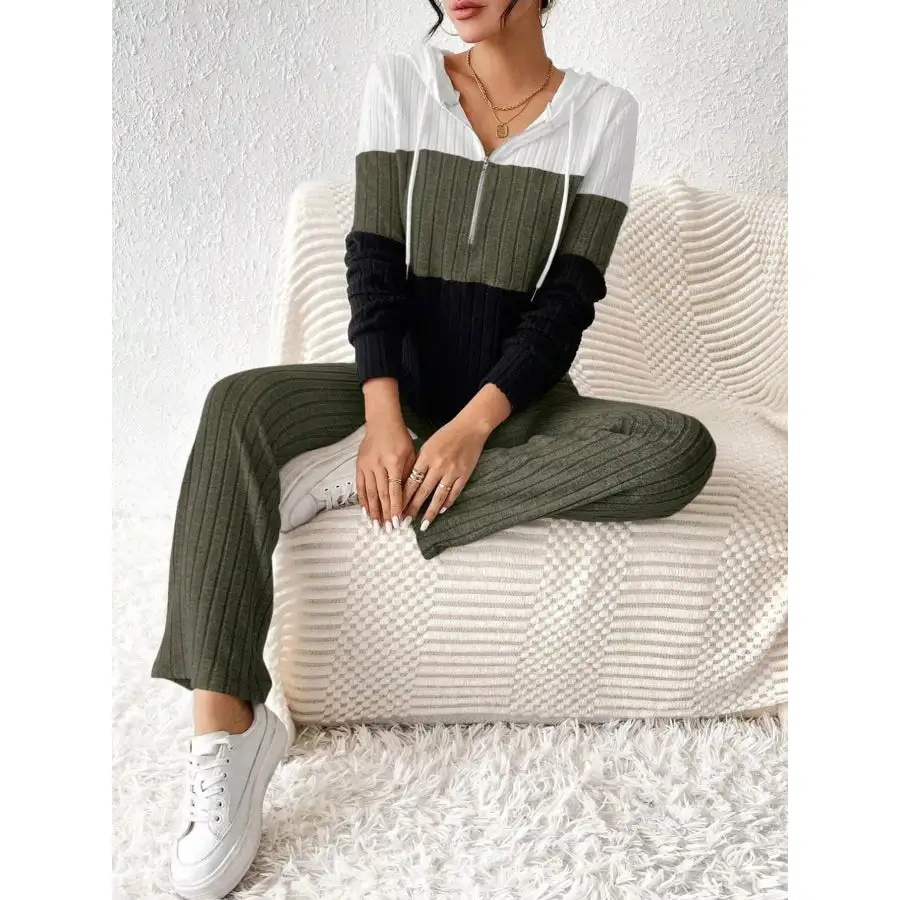 Block Half Zip Hooded Top and Pants Set