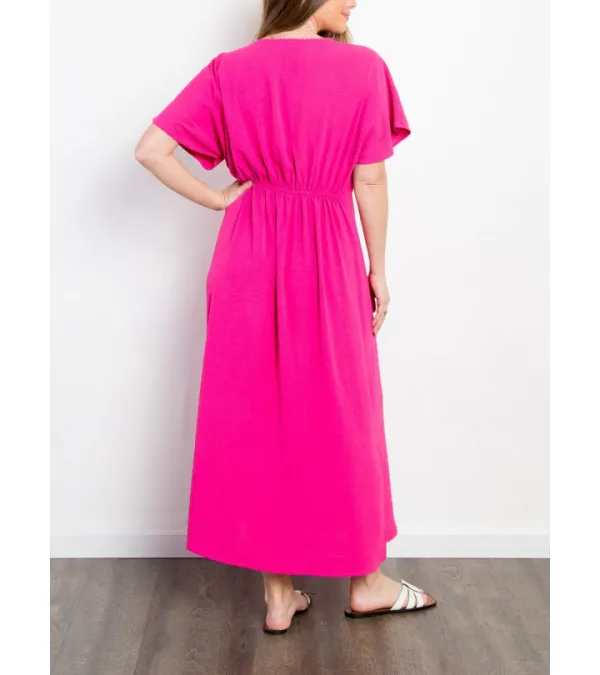 Be Stage Full Size Shirred Front Short Sleeve Maxi Dress