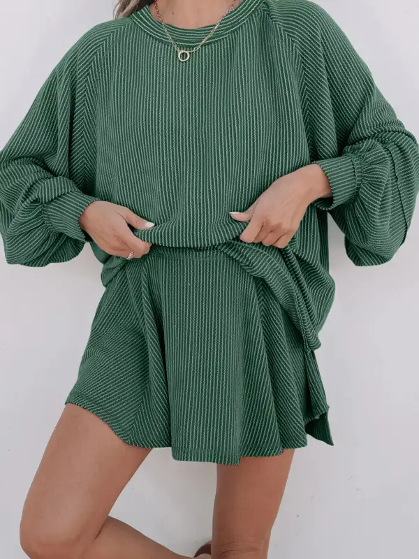 Corded Lantern Sleeve Top and High Waist Mini Skirt Set