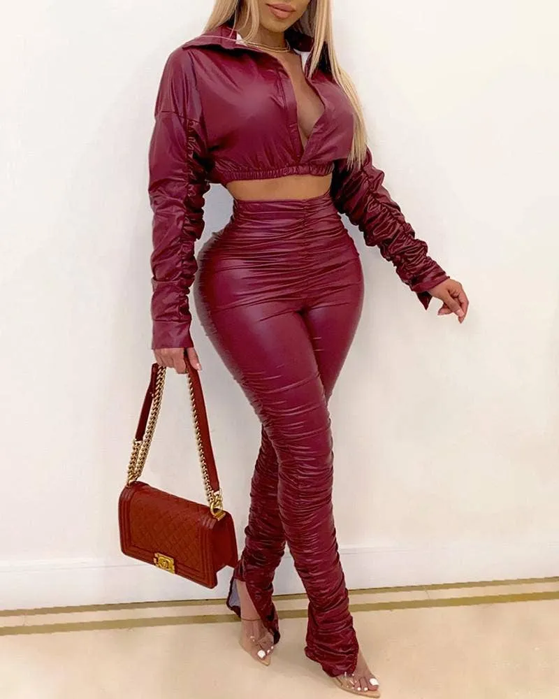 Ruched PU Leather -piece Set Crop Top & High Waist Pants