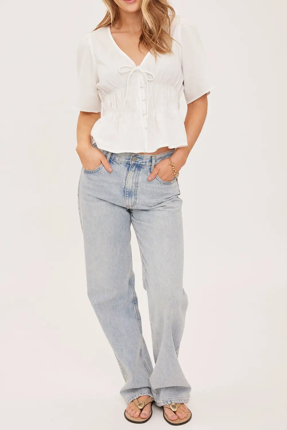 Button Front Smocked Fitted Shirt