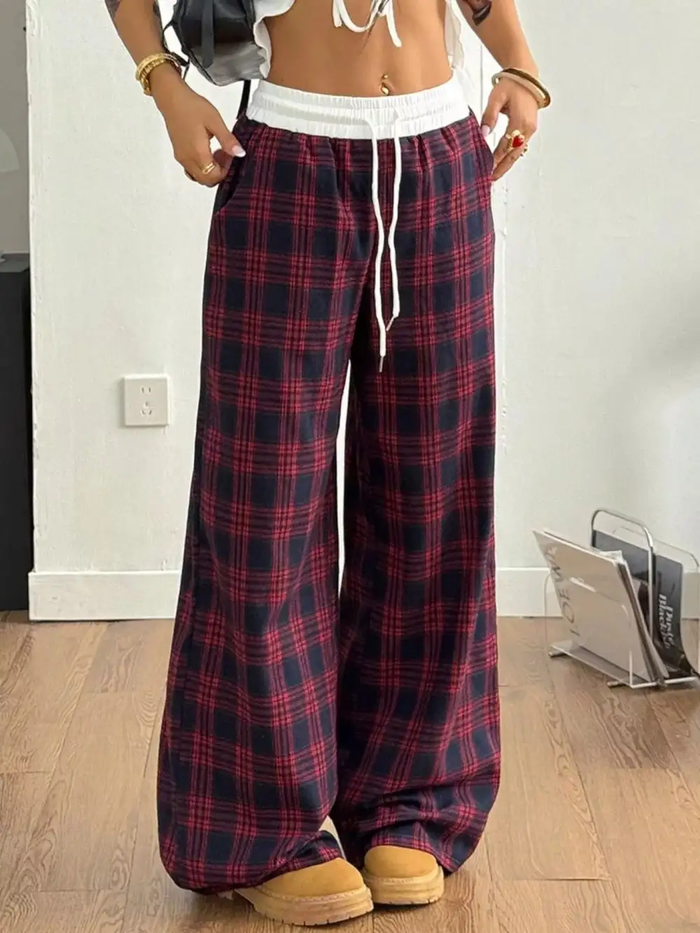 Wide Leg Elastic Waist Plaid Drawstring Pants