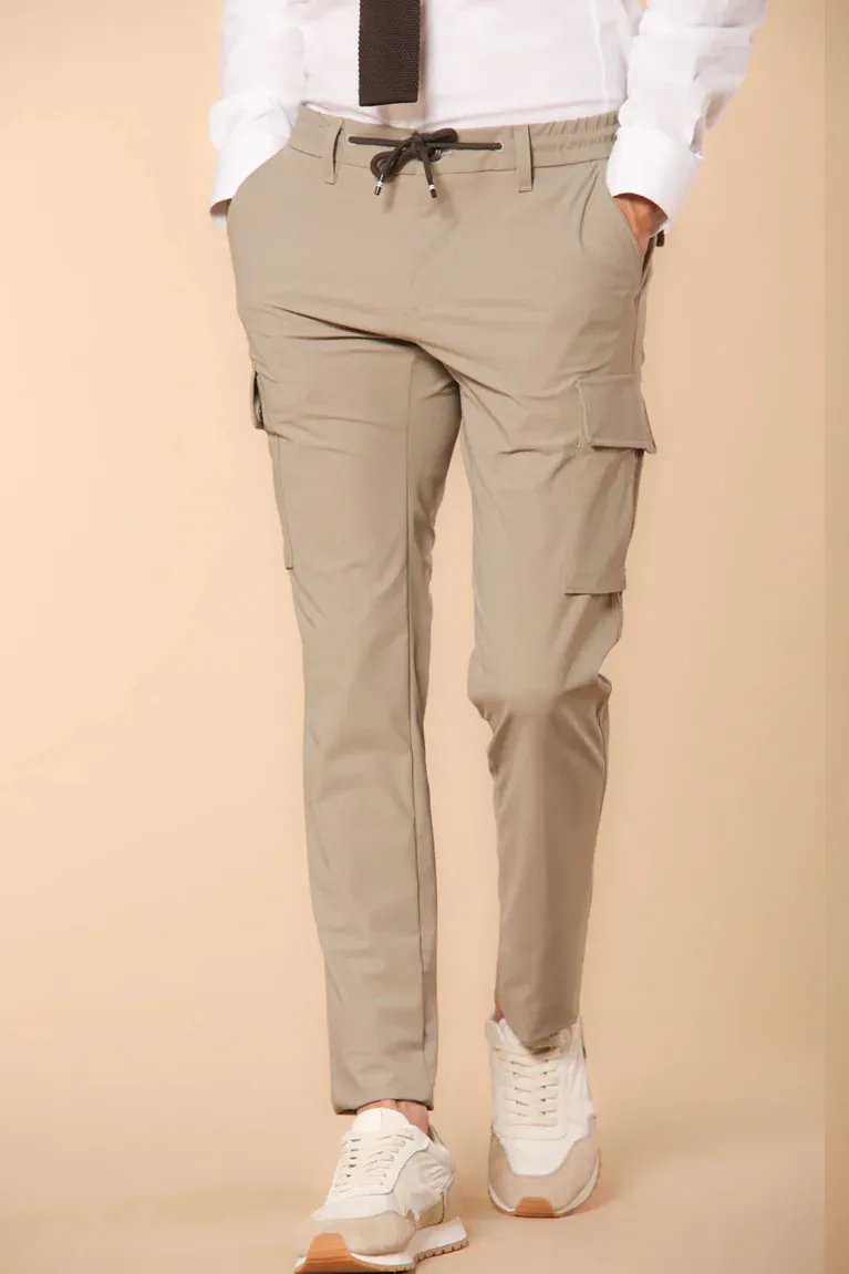 Men's Beige Twill Elastic Waist Slim Fit Cargo Pants