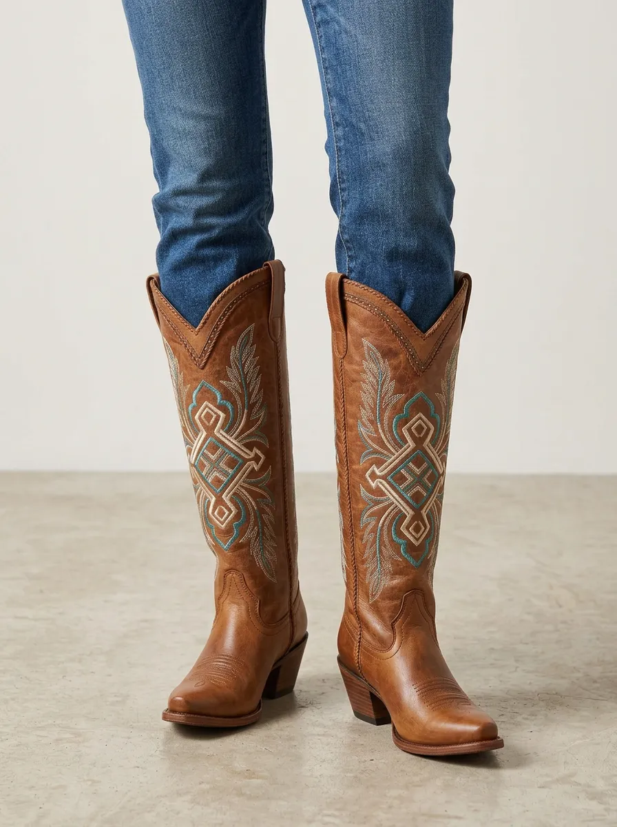 Women's Western Wing Leaf Geometric Turquoise Embroidered Piped Denim Over-the-Knee Boots