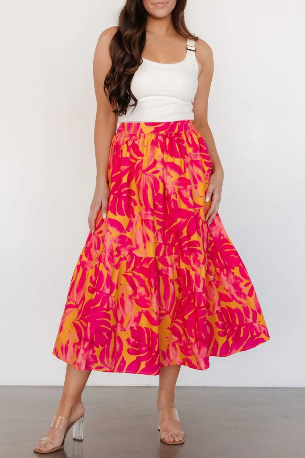Orange Flowy High-Waisted Floral Print Skirt