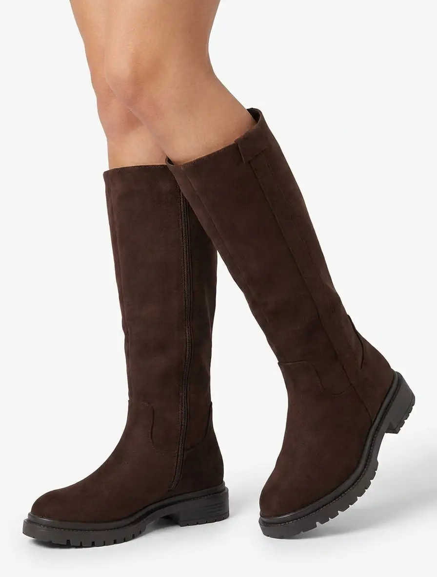Lug Sole Block Heel Faux Suede Knee High Boots