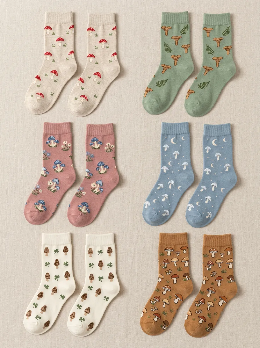 Women's Mushroom Floral Celestial Ribbed Crew Socks Six Pair Set