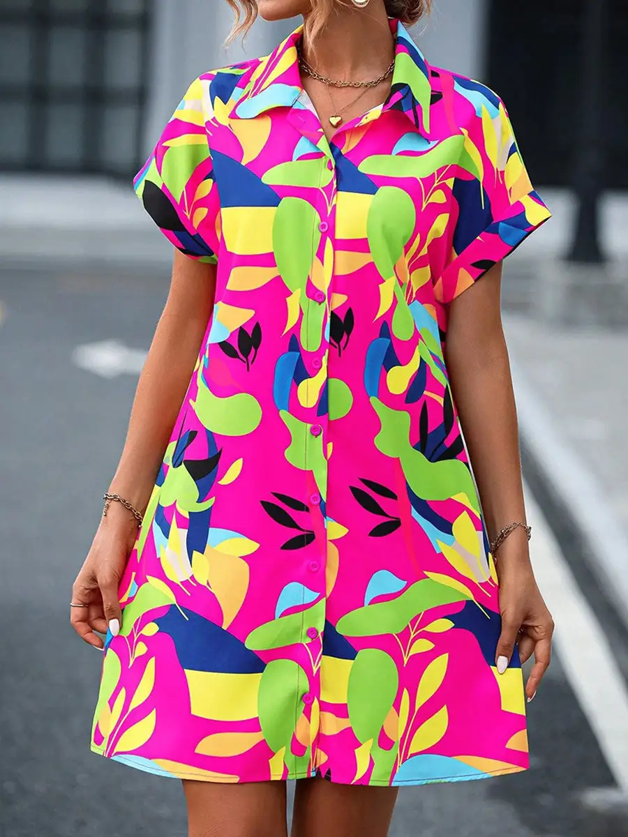 Short Sleeve Buttoned Contrast Color Printed Lapel Mini Dress Shirt Dress