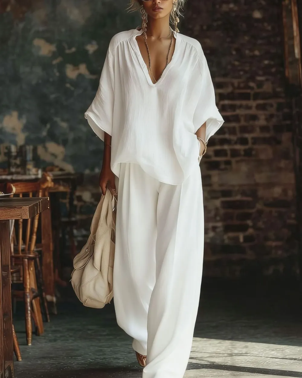 Casual Urban Boho V-Neck Blouse Set