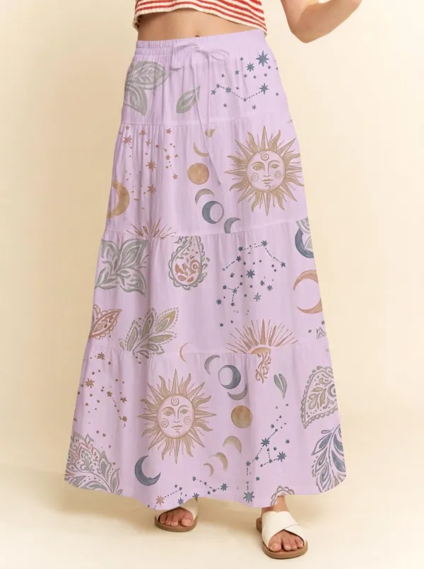 Women's Celestial Boho Sun Moon Stars Printed Maxi Skirt