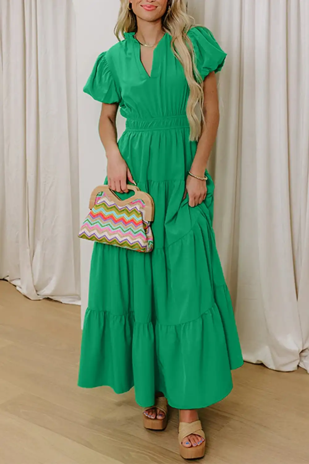 Drape V Neck Tiered Puff Sleeve Maxi Dress