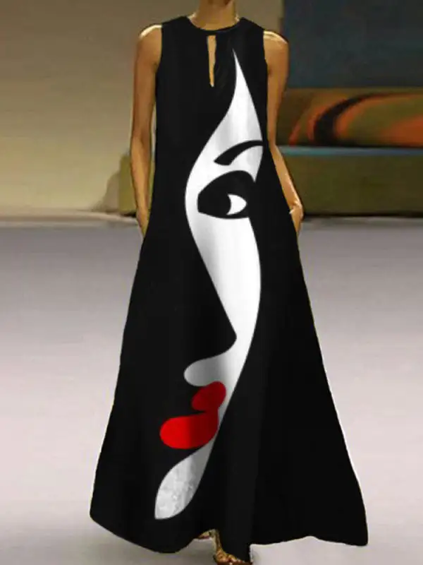 Original Loose V-Neck Face Printed Maxi Dress