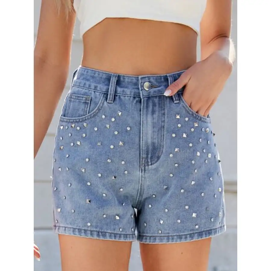 Rhinestone Washed High Waist Denim Shorts