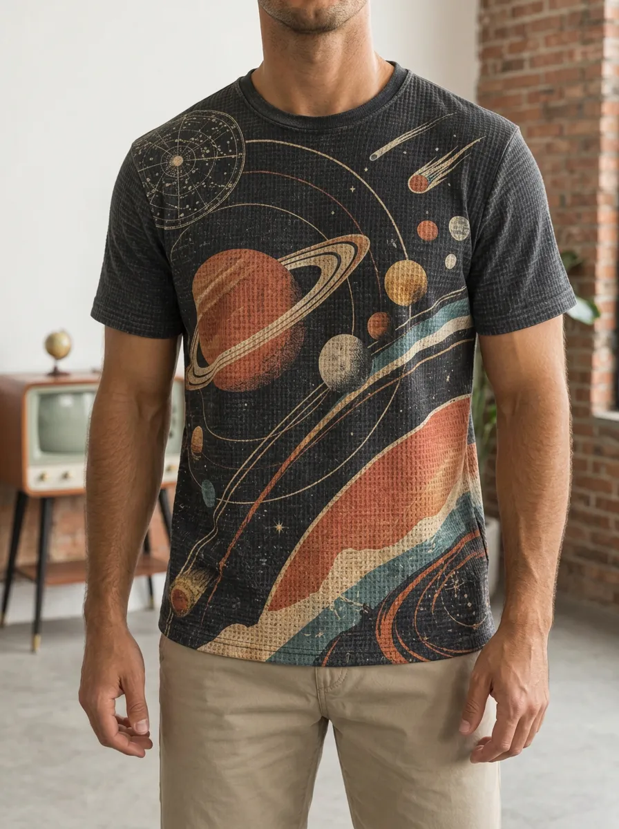 Men's Space Astronomy Lover Saturn Planet Artistic Crew Neck T-Shirt