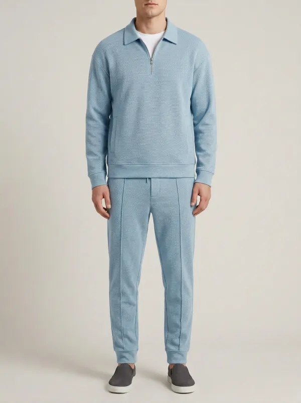 Men's Classic Textured Zip-Up Polo Collar Jacket and Jogger Pants Set