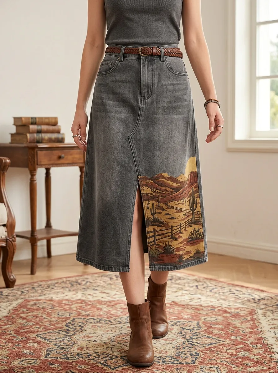 Women's Western Desert Print Denim Midi Skirt