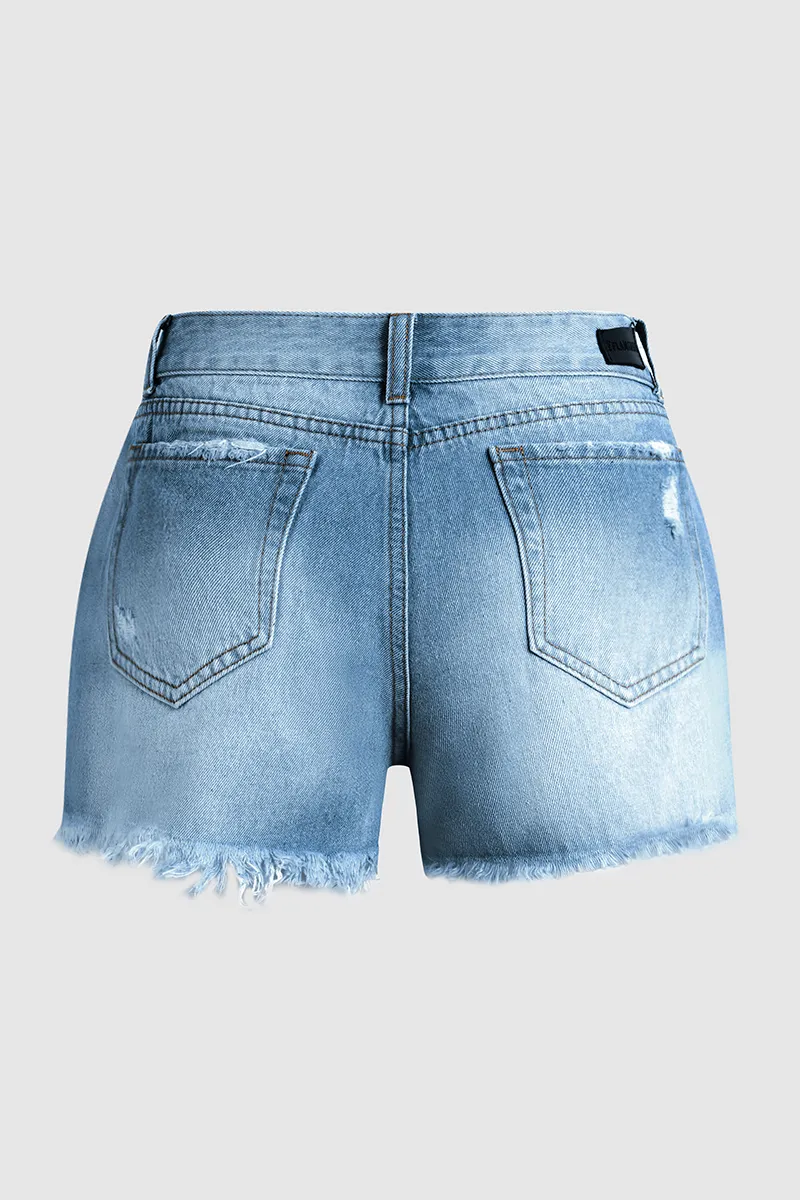 Button Fly Distressed Raw Hem Denim Shorts