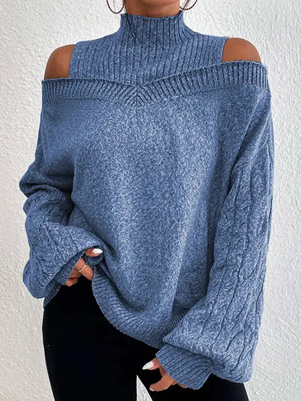 Openwork Paneled Cold Shoulder Long Sleeve Relaxed Fit Pullover Sweater