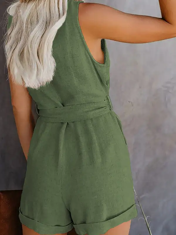 Woven V Neck Button Up Sleeveless Jumpsuit