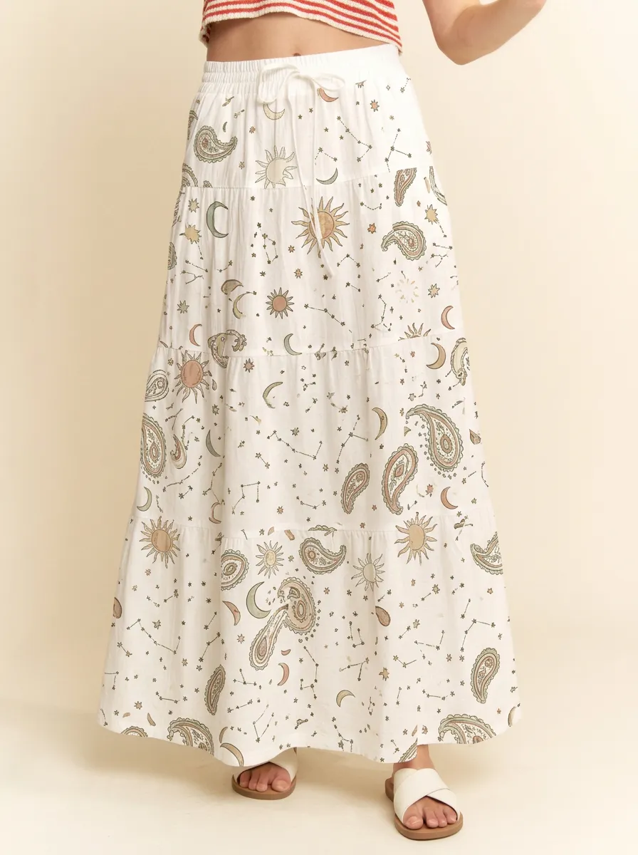 Women's Celestial Boho Sun Moon Paisley Printed Maxi Skirt