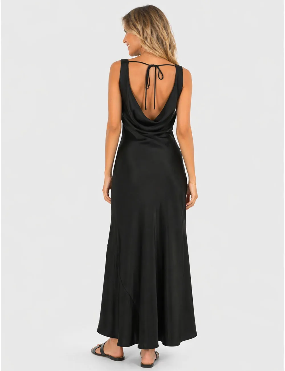 Chic Satin Cowl Neck Sleeveless Back Midi Dress