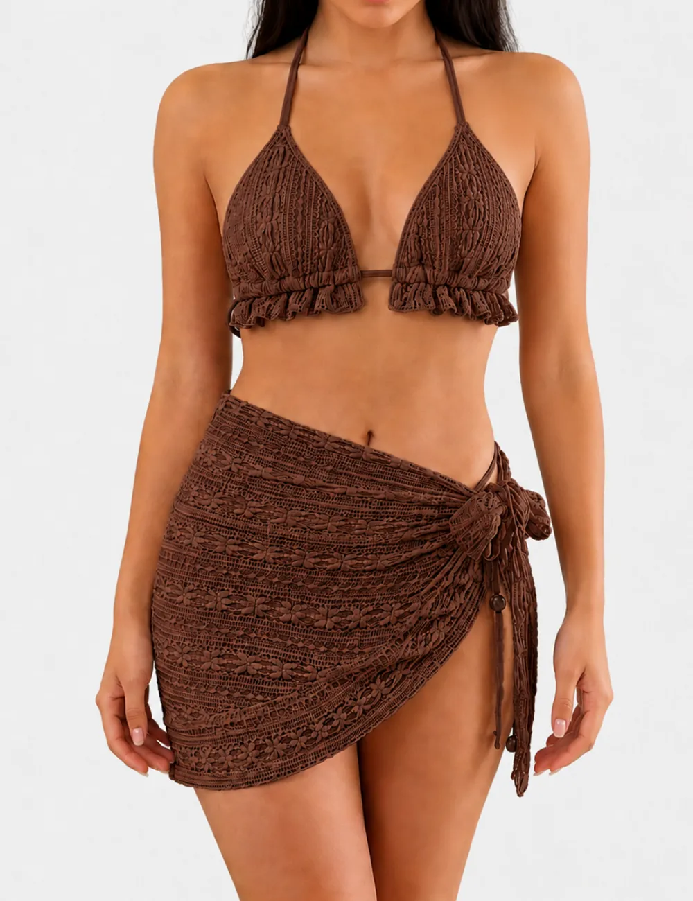 Solid Color Crochet Triangle Bikini Set with Cover Up Skirt
