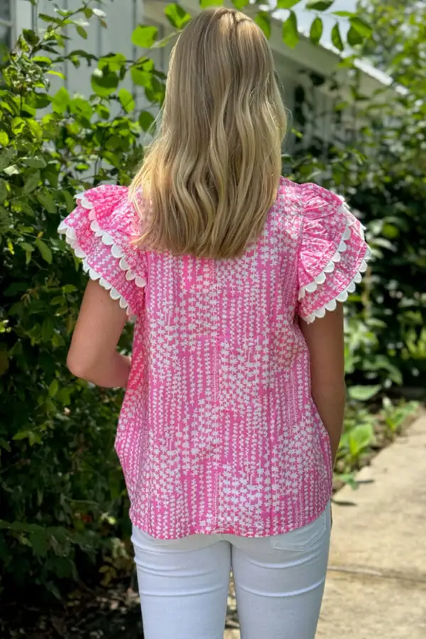 Abstract Print Ruffled V-Neck Blouse