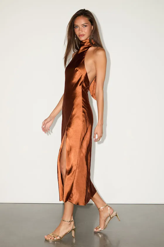 Exceptional Status Rust Halter Backless Slip Midi Dress