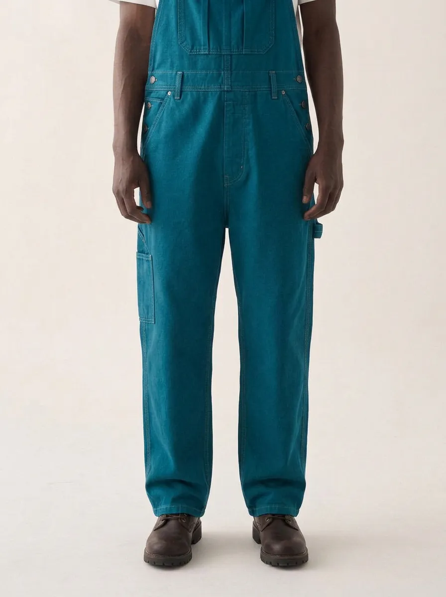 Men's Olive Green Side-Button Utility Canvas Overalls