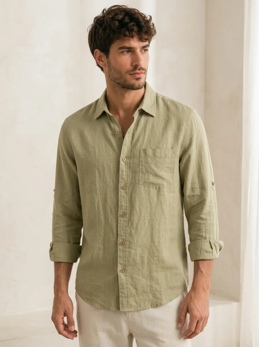 Men's Sage Green Button-Down Shirt with Roll-Tab Sleeves