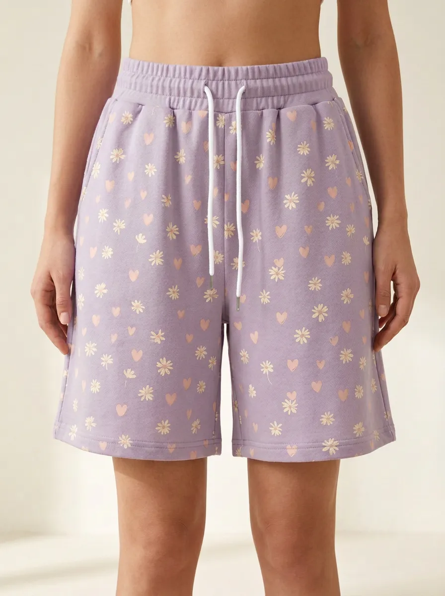 Women's Floral Daisy Heart Drawstring Printed Sweat Shorts