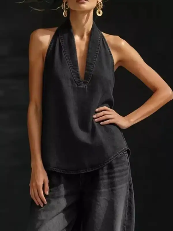 Full Size Halter Neck Top and Wide Leg Pants Plus Size