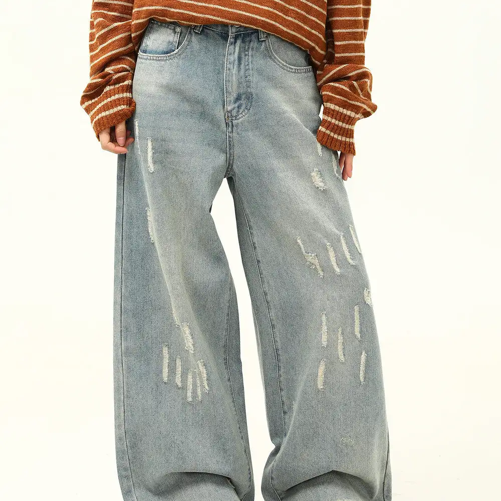Distressed Wide Leg Floor Length Jeans