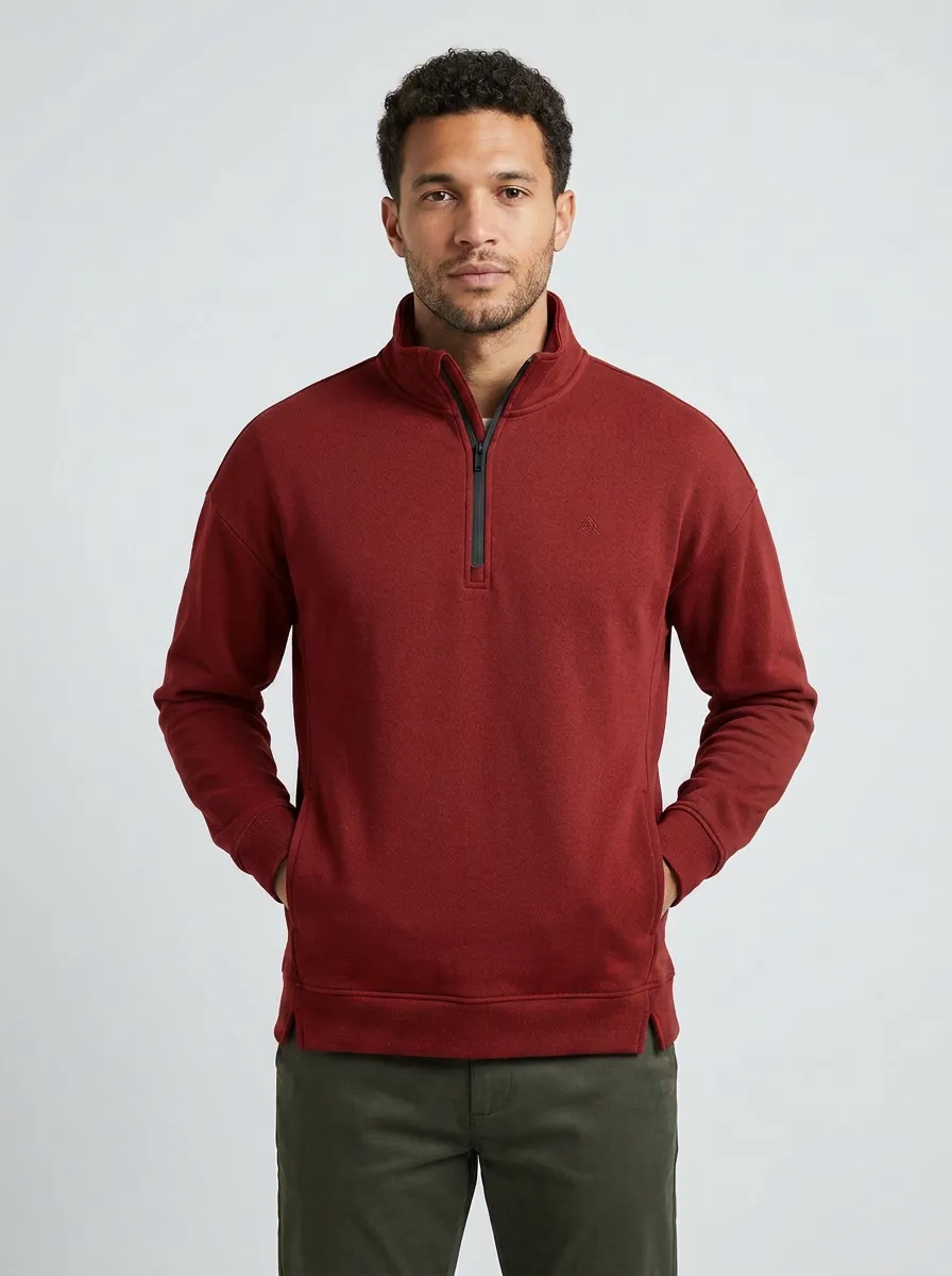 Men's Clean-Line Minimalist Textured Embroidered Emblem Stand-Collar Quarter-Zip Sweatshirt