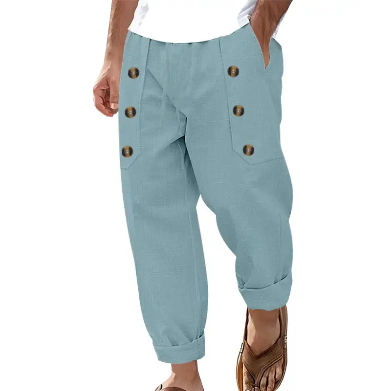 Men's Ankle-length Linen Cargo Pants Pockets