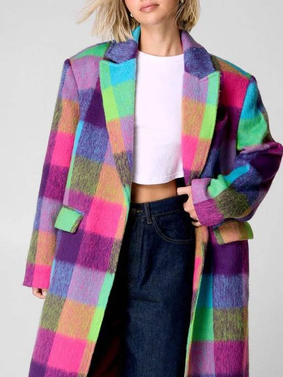 Women'S Contrast Plaid Fuzzy Long Coat
