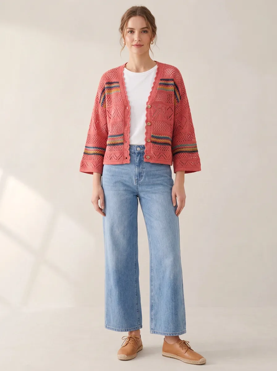 Women's Boho Style Striped Crochet Knit Button-Up Cardigan