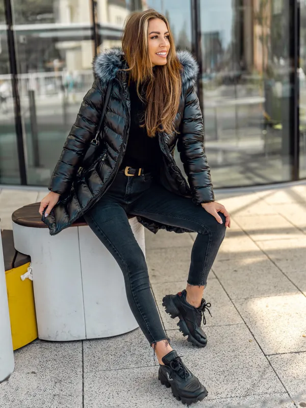 black women's long quilted winter jacket with hood