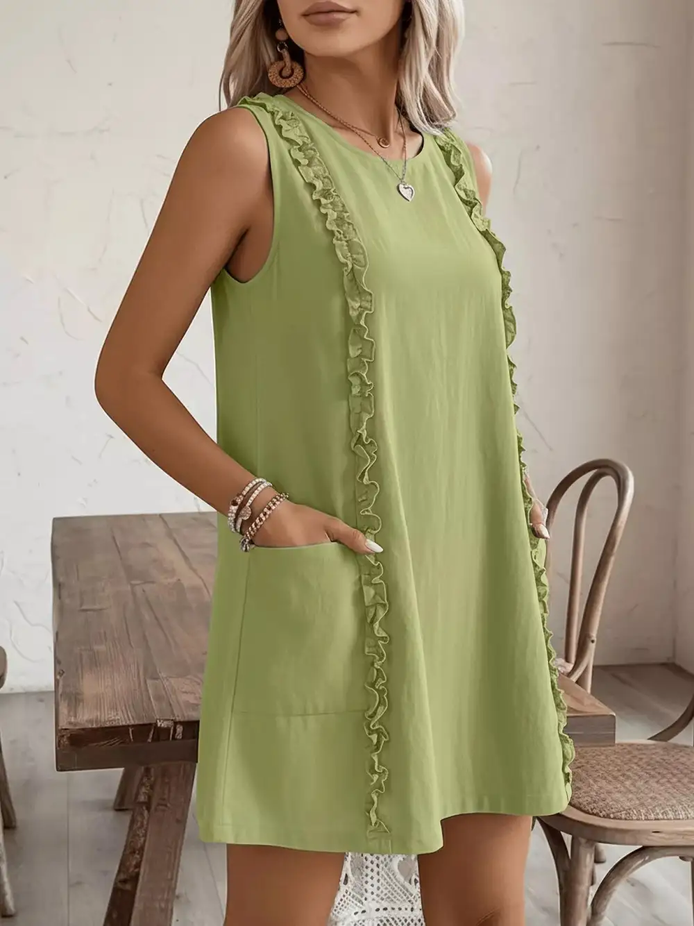 Round Neck Ruffle Sleeveless Dress Casual