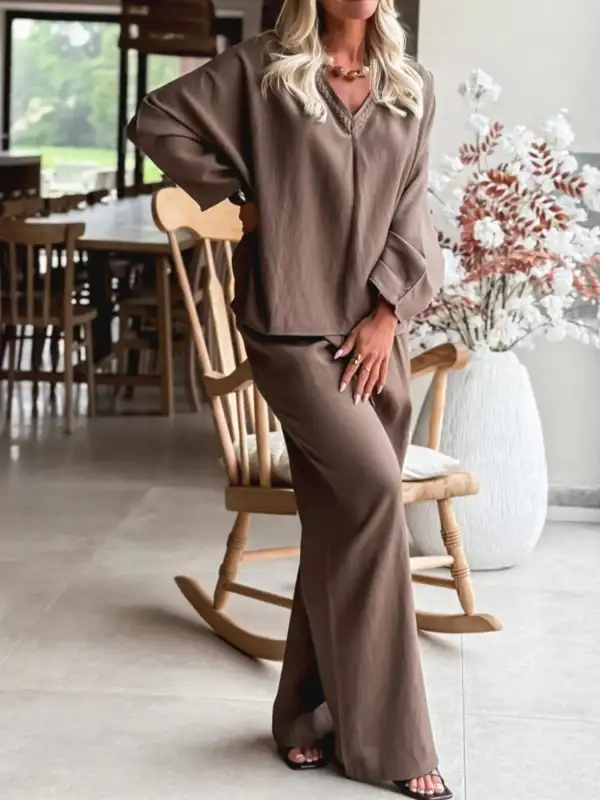 Braided V Neck Long Sleeve Loose Top and Drawstring High Waist Pants Pcs Outfit
