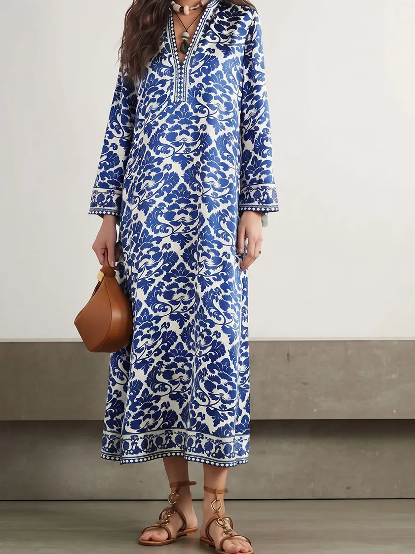 Baroque Satin Print Long Sleeve Midi Dress