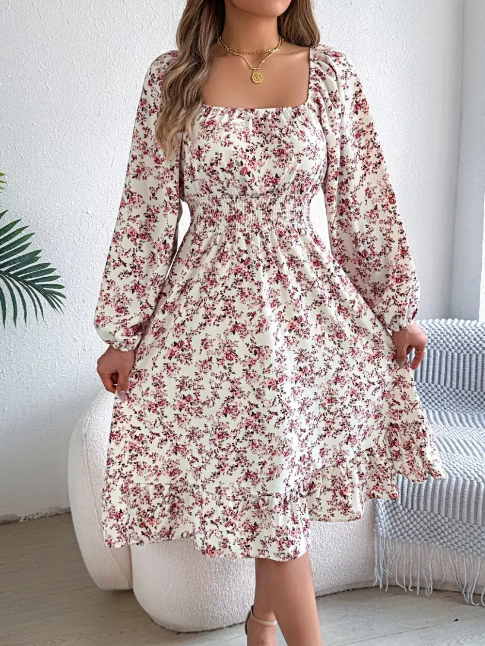 Floral Printed Square Neck Midi Dress
