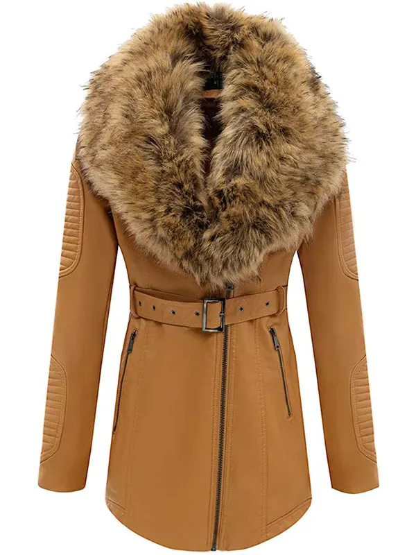 Ladies PU autumn/winter leather jacket with detachable faux fur collar