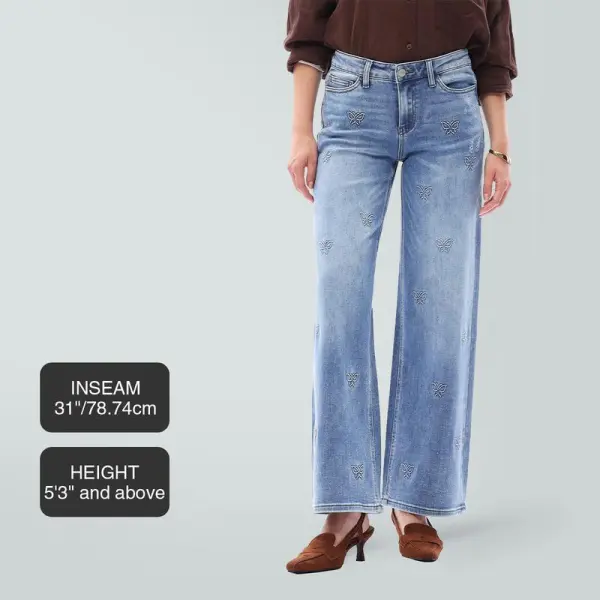 Mid-low Rise Baggy Jeans Stretchy Wide Leg for Women Distressed Pants