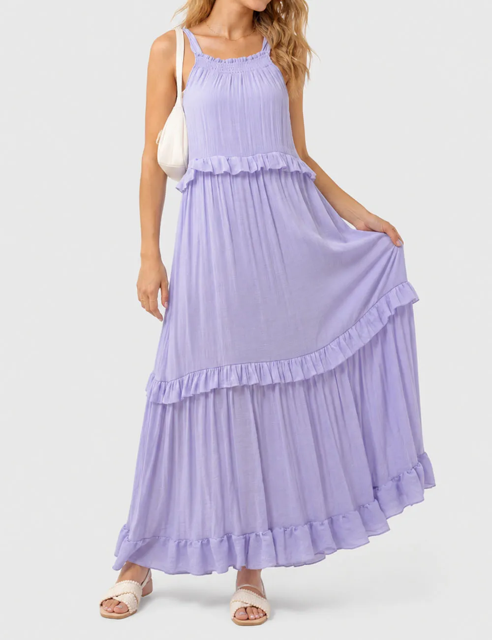 Boho Ruffle Tiered Hem Sleeveless Solid Color Maxi Dress