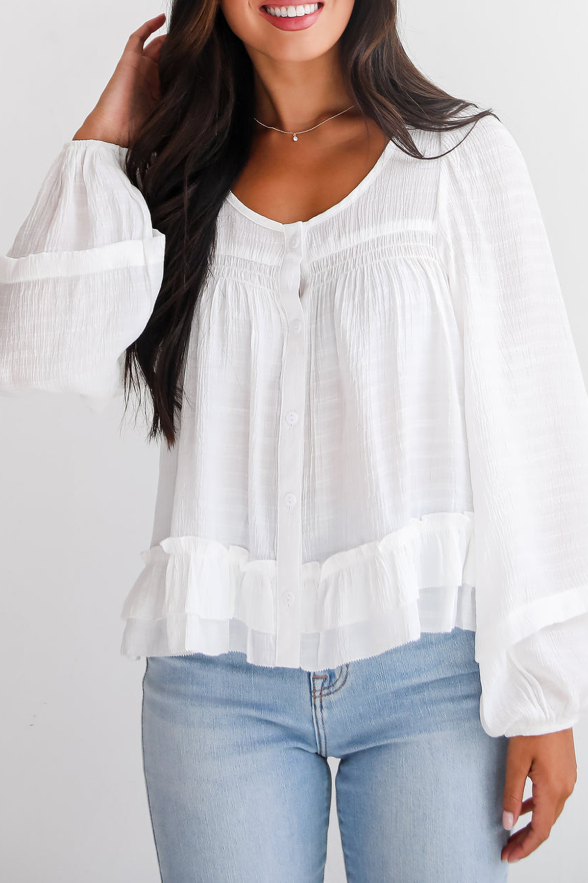 Composed Personality White Ruffle Blouse