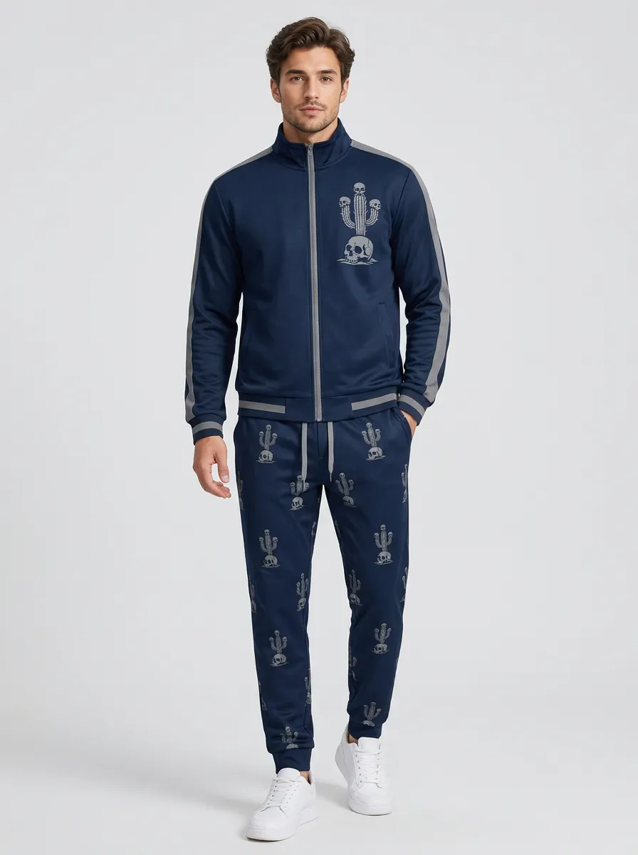 Men's Skull-Cactus Contrast-Detail Track-Jacket & Joggers Two-Piece Set