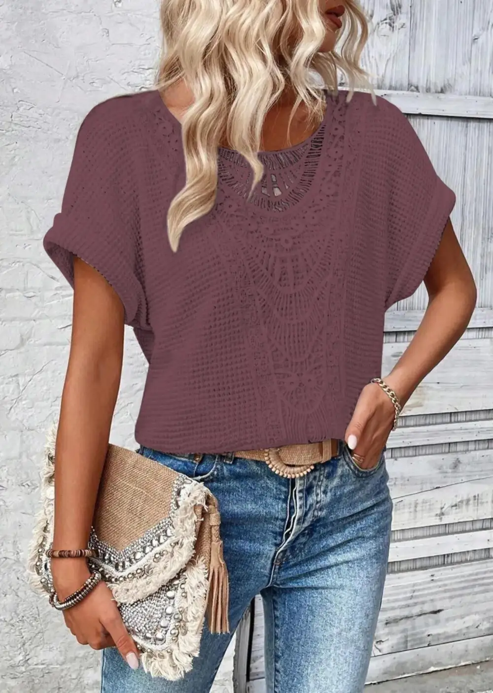 Refined Short-Sleeve Lace-Detail Knit T-Shirt
