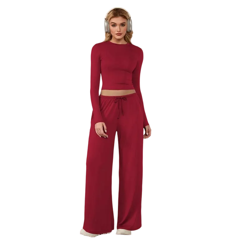 Women's 2-Piece Activewear Set Long-Sleeve Crop Top & Wide-Leg Pants Stretchy Fabric for Yoga