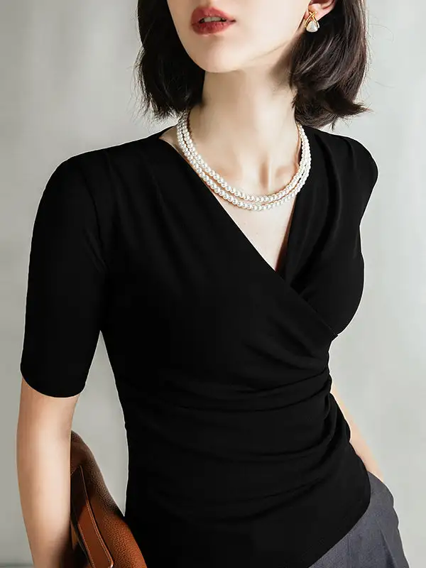 Half Sleeve Slim Fit Pleat Detail V-Neck T-Shirt